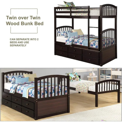 Bunk Bed, Ladder, Twin Trundle Bed with 3 Drawers for Bedroom