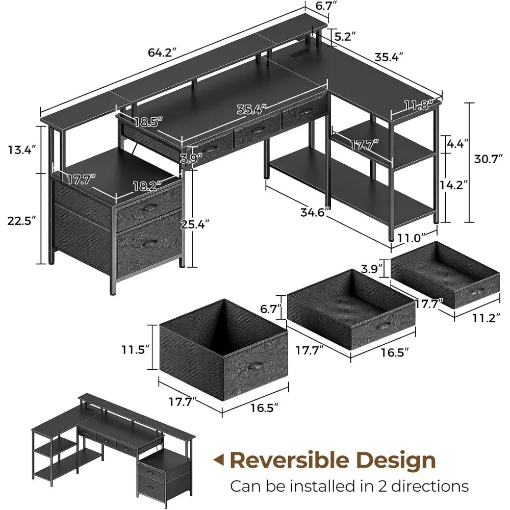 L Shaped Desk with File Drawers Powered