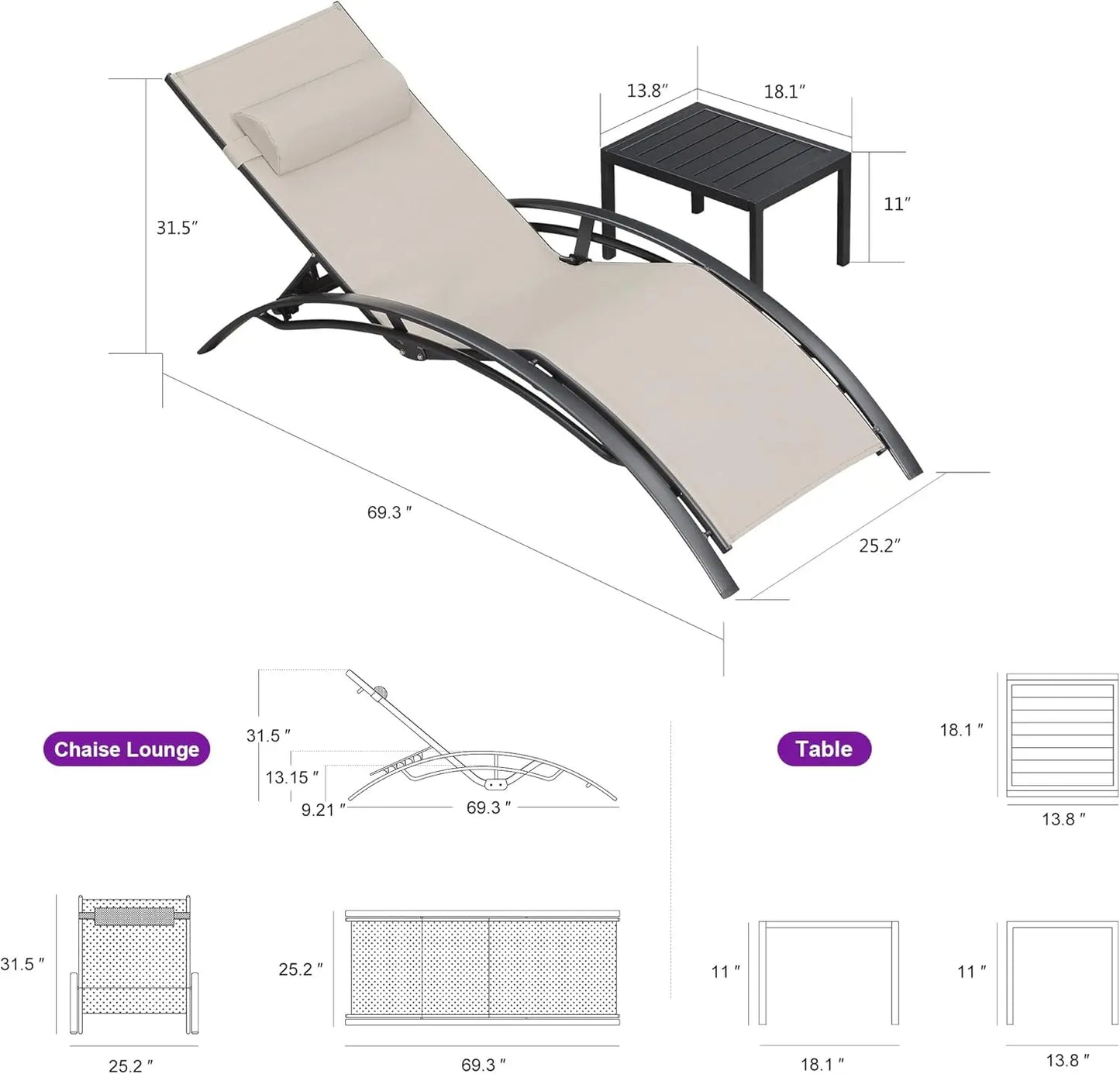 Patio Chaise Lounge Outdoor Chair with Table