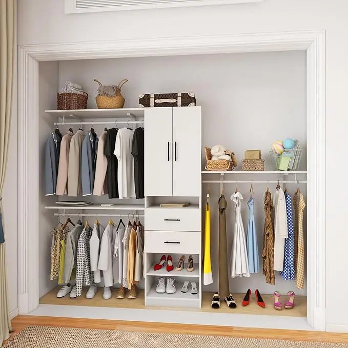 Wardrobe, Wood Closet System With 3 Drawers White