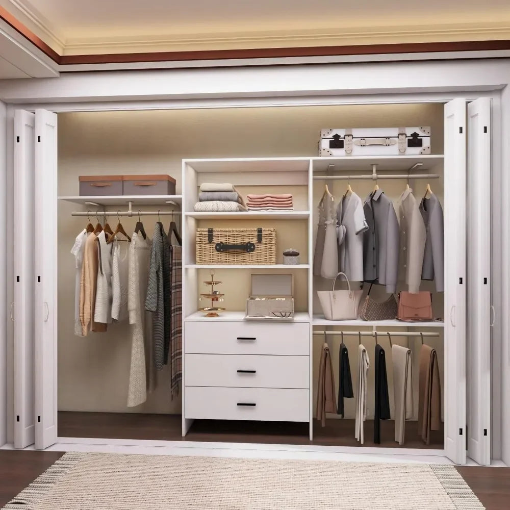 Wardrobe, Wood Closet System With 3 Drawers White