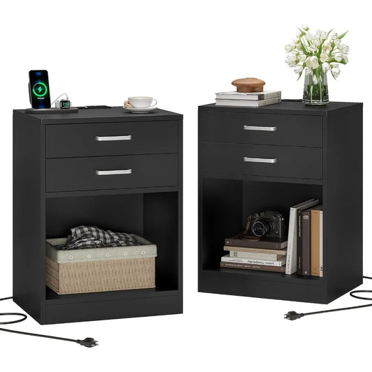 Black Nightstand with Charging Station & Drawers