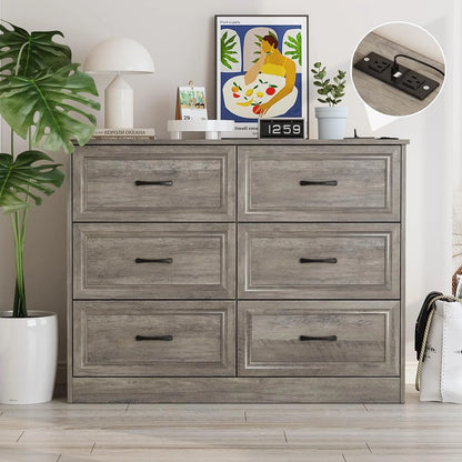 6 Drawer Wide Dresser with Charging Station