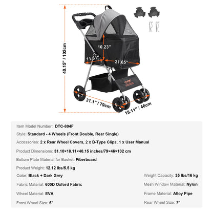 VEVOR 35lbs 4 Wheels Pet Dog Stroller with Storage