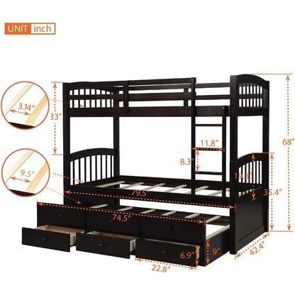 Bunk Bed, Ladder, Twin Trundle Bed with 3 Drawers for Bedroom