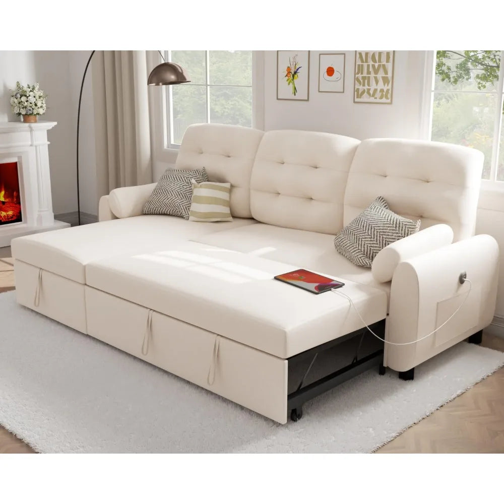 87" Sleeper Sofa Bed with Reversible Storage Chaise Pull Out