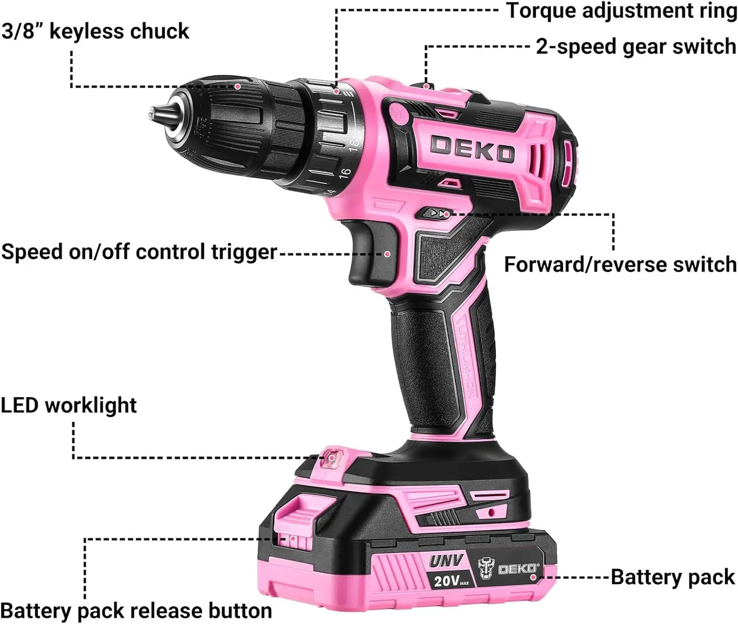 DEKO Pink Cordless Drill 20V Tool for Women