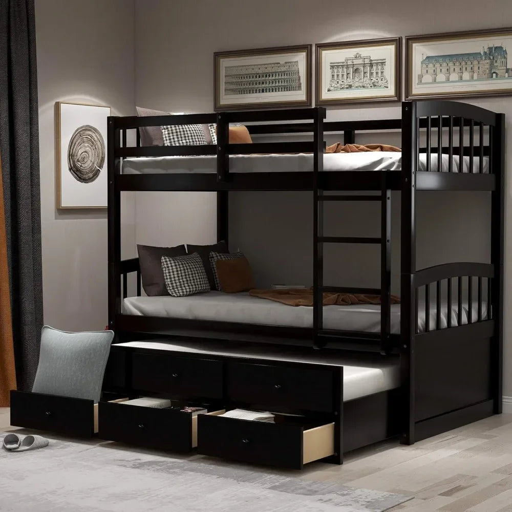 Bunk Bed, Ladder, Twin Trundle Bed with 3 Drawers for Bedroom