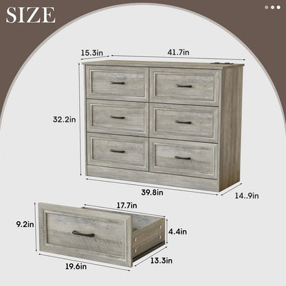 6 Drawer Wide Dresser with Charging Station