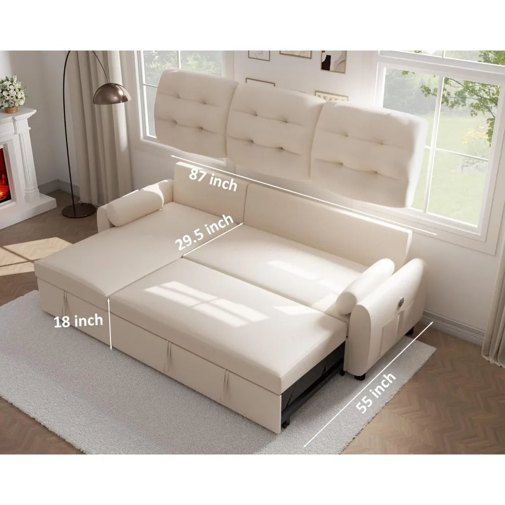 87" Sleeper Sofa Bed with Reversible Storage Chaise Pull Out