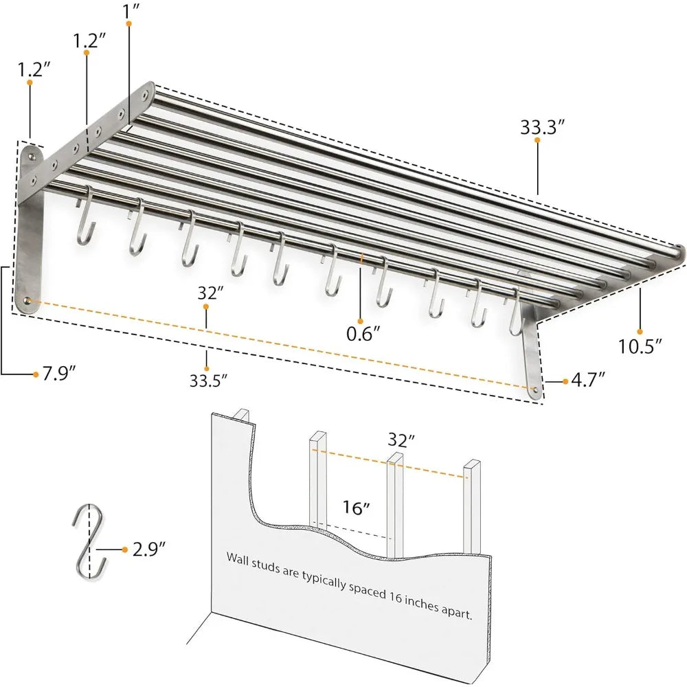 Kitchen Organization and Storage Rack, with 10 S Hooks