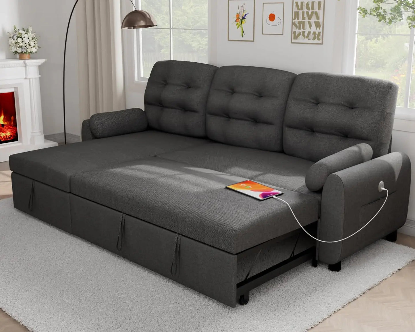 87" Sleeper Sofa Bed with Reversible Storage Chaise Pull Out