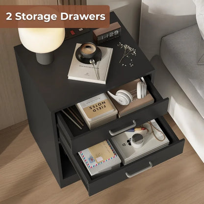 Black Nightstand with Charging Station & Drawers