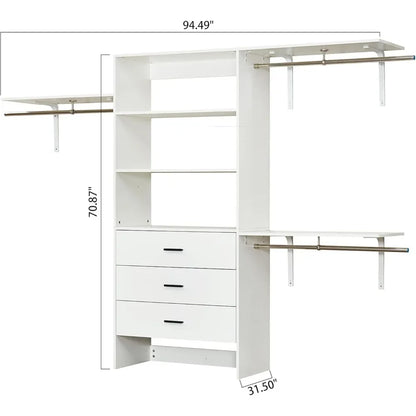 Wardrobe, Wood Closet System With 3 Drawers White