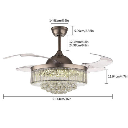 36 Inch Sliver Ceiling Fan with LED Light Crystal Chandelier