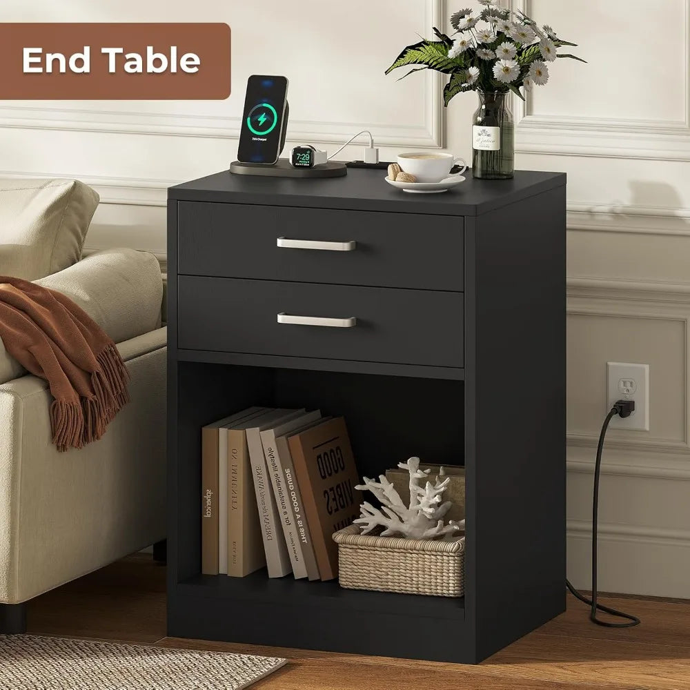 Black Nightstand with Charging Station & Drawers