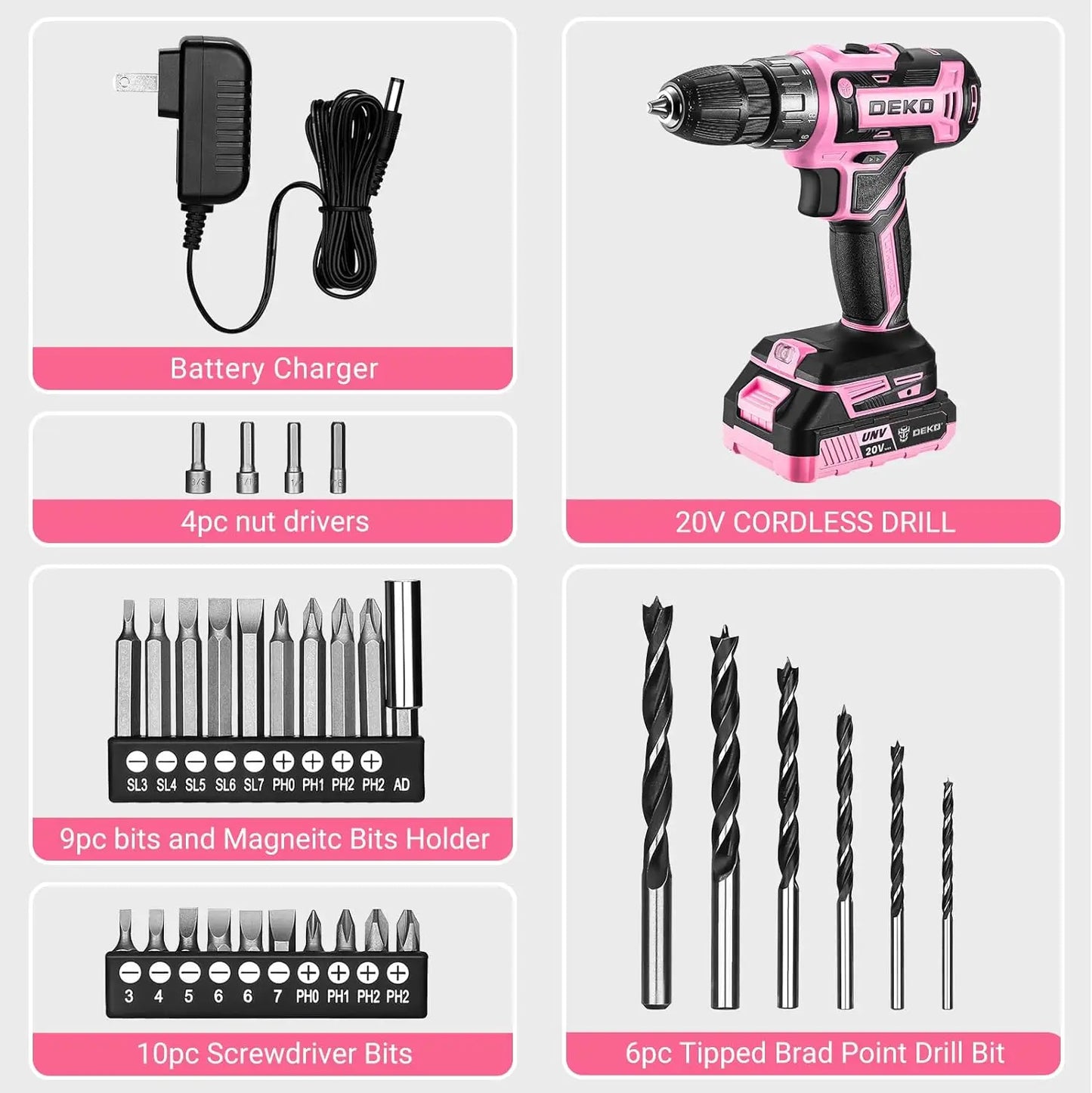 DEKO Pink Cordless Drill 20V Tool for Women