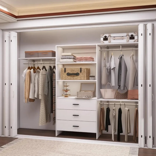 Wardrobe, Wood Closet System With 3 Drawers White