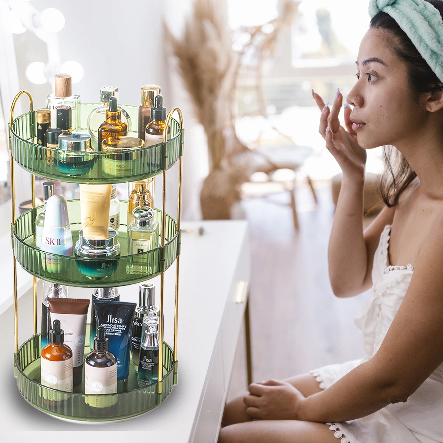 Rotating Makeup Organizer for 3 Tier Perfume Cosmetics Tray