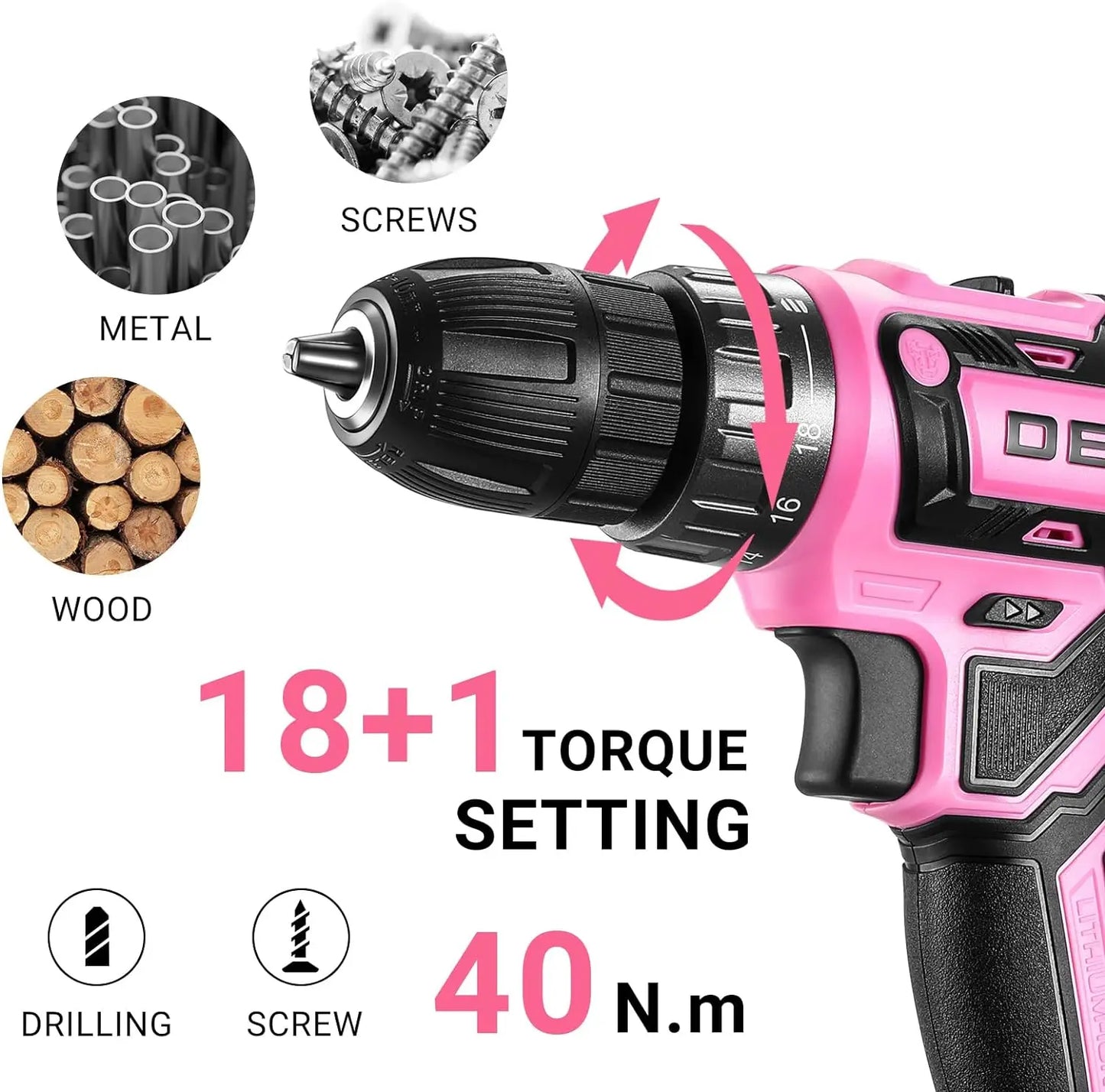 DEKO Pink Cordless Drill 20V Tool for Women