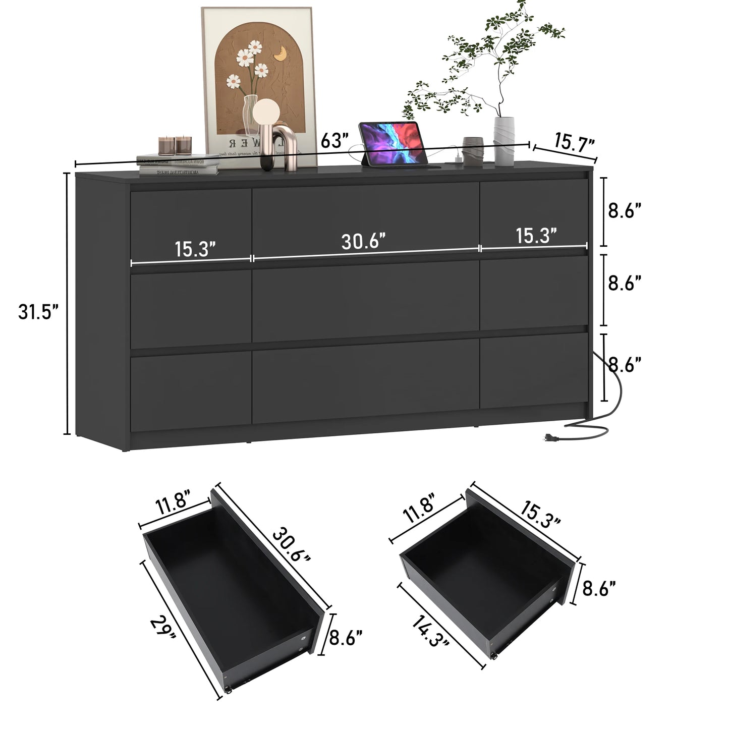 63" Dresser for Bedroom with Charging Station