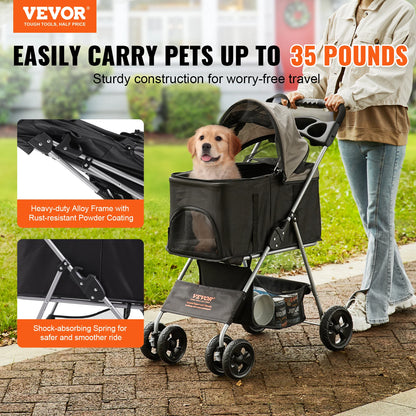 VEVOR 35lbs 4 Wheels Pet Dog Stroller with Storage