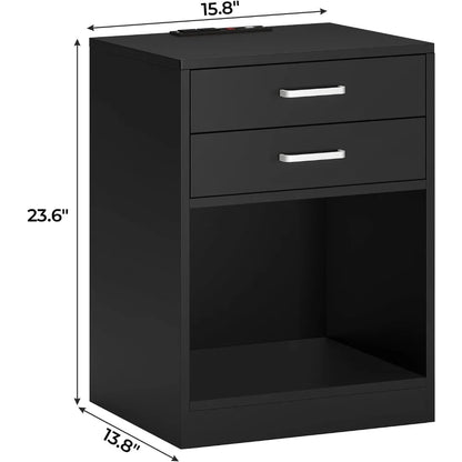 Black Nightstand with Charging Station & Drawers