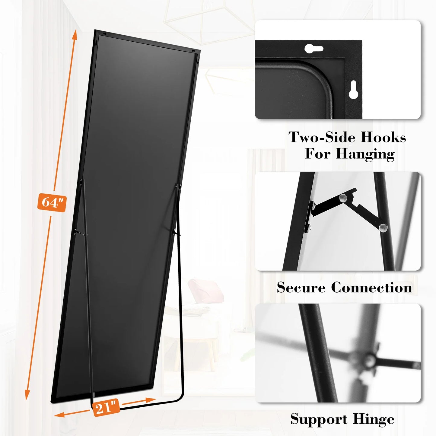 64"x21" Full Body Wall Mirror Standing or Wall-Mounted