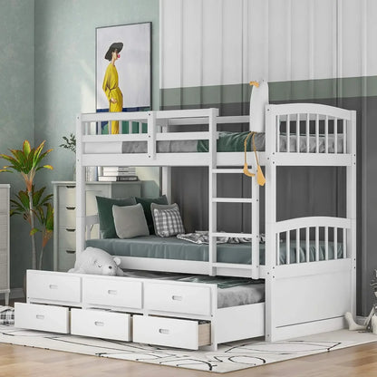 Bunk Bed, Ladder, Twin Trundle Bed with 3 Drawers for Bedroom