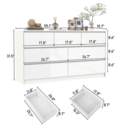 55 Inch Modern Dresser, Large Wood Drawer, White/Black