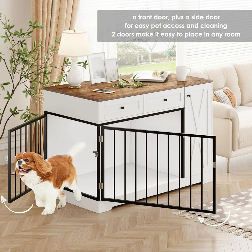 Wooden Dog Crate Kennel Pet Feeder Station