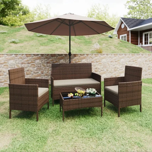 Outdoor Sofa Set of 4 with Soft Cushion and Glass Table