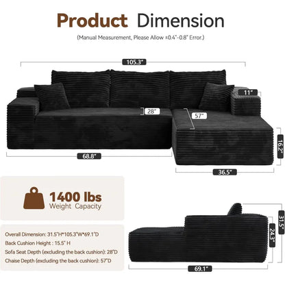 104" Sectional Couch Comfy Sofa Sleeper