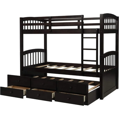 Bunk Bed, Ladder, Twin Trundle Bed with 3 Drawers for Bedroom